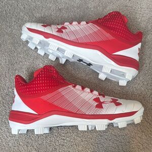 Under Armour Team Yard Mid TPU Red White Baseball Cleats Size 11.5 3021513-600
